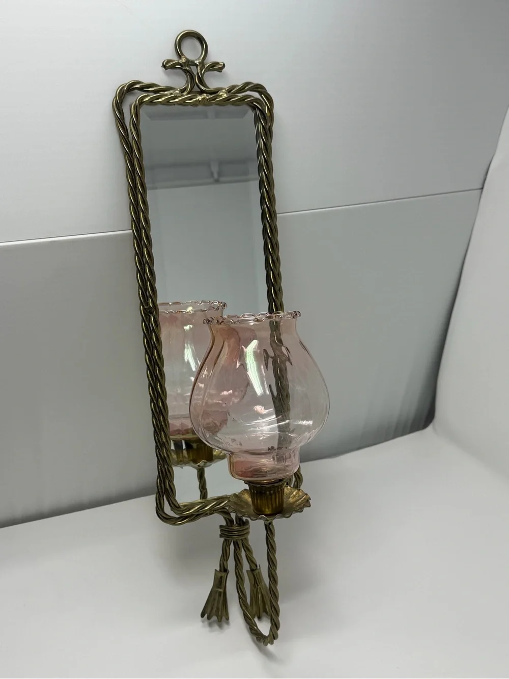 VTG Hollywood Regency Mirrored Wall Sconce Candle Holders Rope Tassels Set of 2